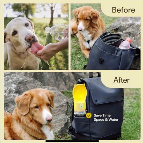 Dog Water Bottle Dispenser 380ml – Leak-Proof Lock, One-Hand Operation | Portable Pet Travel Water Bottle with Built-in Bo...