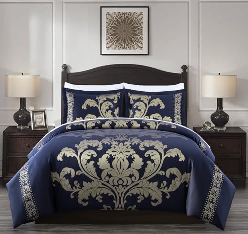 Chezmoi Collection Valor 7-Piece California King Bed in a Bag, Navy/Gold Luxury Jacquard Floral Comforter with Sheets Set ...