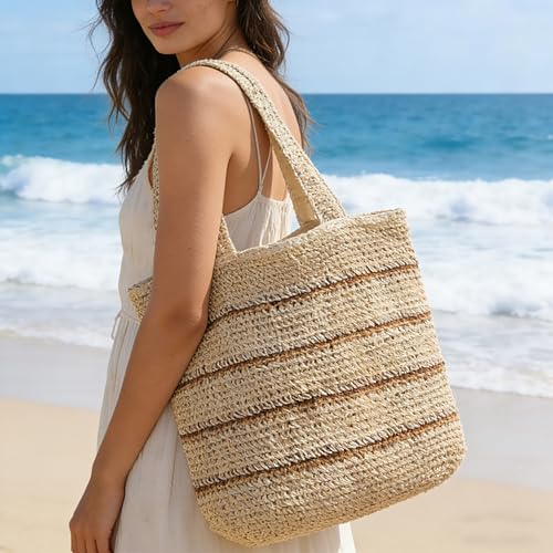 TOFUNTOY Straw Beach Bag for Women Summer Handmade Woven Shoulder Beach Tote Bag Large Capacity Tote Bag for Summer Vacation