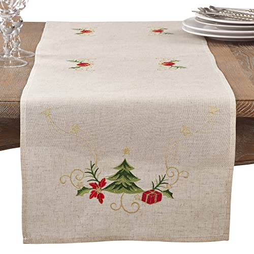 SARO LIFESTYLE Arbre de Noël Collection Embroidered Christmas Tree Design Linen Blend Table Runner, 16" x 120", Natural