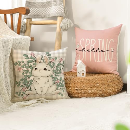 AVOIN colorlife Happy Easter Buffalo Plaid Rabbit Pink Throw Pillow Cover, 20 x 20 Inch Eucalyptus Leaves Hello Spring Cus...