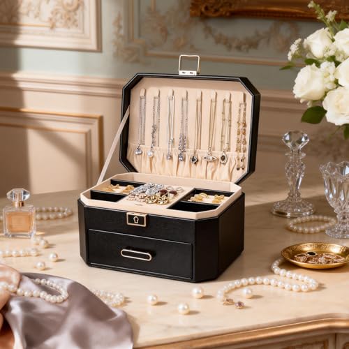 Greenfeather Jewelry Organizer Box for Women, Decorative Storage Box with Lid,Jewelry Box with Lock and Key,2 Tier Jewelry...