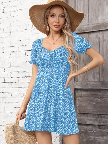 Missufe Women's Puff Short Sleeve Fit and Flare Casual Drawstring Floral Mini Sun Dresses 2025 Summer Vacation