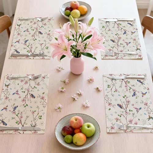 Cusugbaso Spring Placemats Set of 4 12x18 inch for Dinning Table - Floral Bird Branch Spring Decor for Party, Dinner - Far...
