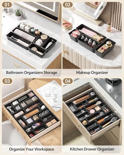 Canfanni 13 Pack Plastic Drawer Organizers Set, 3 Sizes Desk Drawer Organizer Trays for Vanity and Makeup Organizer, Organ...