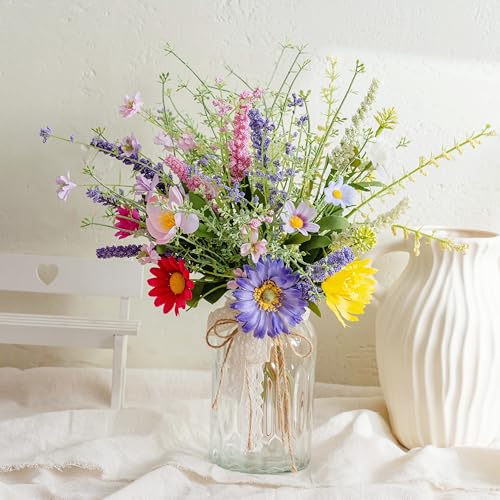 LUEUR Artificial Daisy Flowers Fake Silk Spring Colorful Flowers Fake Wildflowers Greenery Shrubs Plastic Plants Arrangeme...