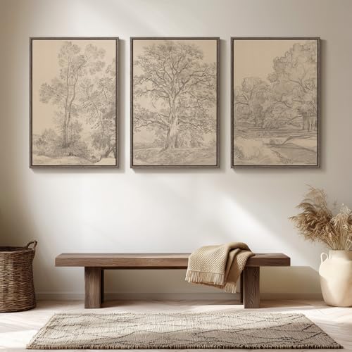 Large Vintage Framed Neutral Landscape Wall Art for Living Rooms, 3 Piece Retro Big Tree Sketch Botanical Forest Antique C...