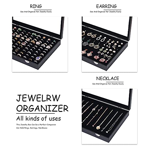 Ausalivan Ring Holder Organizer Box, Jewelry Display Case, Earring Necklace Storage Tray With Top Glass Lid (Black, 100 Sl...