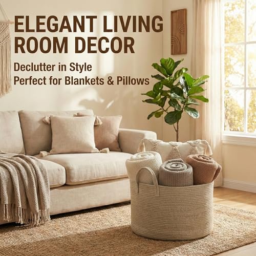 JMvicyroam 65L Extra Large Blanket Basket for Living Room - Woven Cotton Rope Laundry Hamper with Reinforced Handles - Sto...