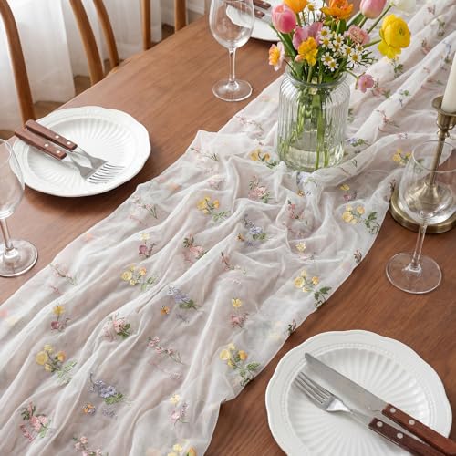 Remagr 9.8 ft Floral Table Runner Embroidery Flower Seasonal Table Decorations Tulle Fabric for Home Indoor Decor, Bridal ...