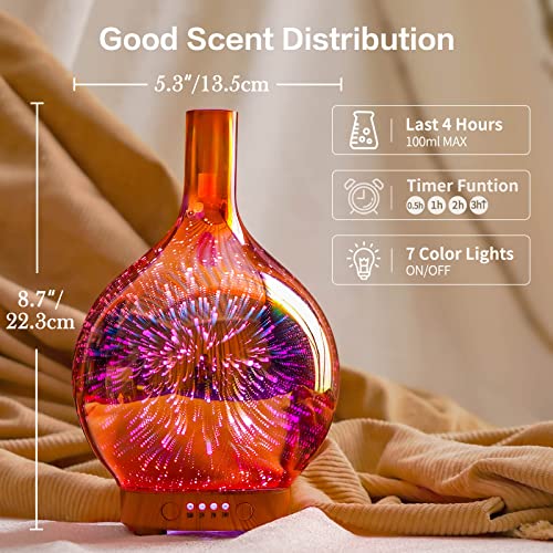 Porseme Essential Oil Diffuser 3D Glass Aromatherapy Ultrasonic Humidifier - 7 Color Changing LEDs, Waterless Auto-Off, Ti...