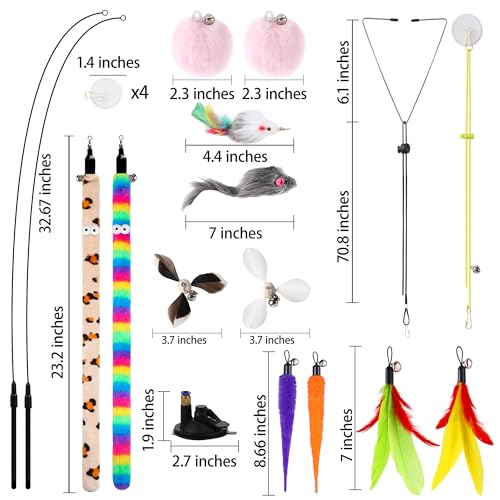 Soarer 4-in-1 Interactive Cat Feather Toys,12Pcs Durable Fishing Pole Cats Feathers Toy Replacements,Enhanced Suction Cup ...