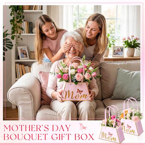 Tinlade 12 Pcs Mother's Day Flower Boxes for Arrangements with Handle Pink and Gold Mom Floral Bouquet Gift Bag Holder Wat...