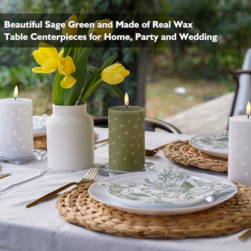 Rhytsing Sage Green Fiber Optic Real Wax Flameless Candles with Remote, Battery Operated Decorative Pillar Candles for Spr...