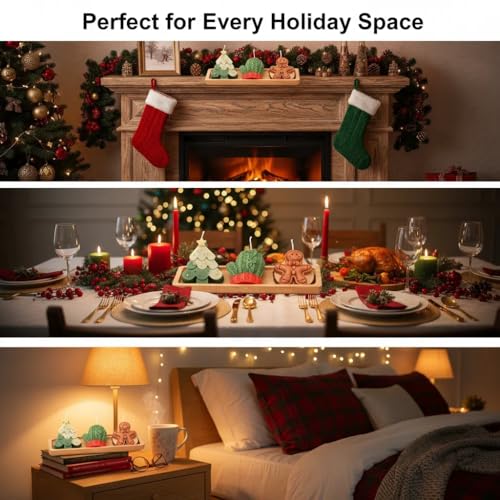 Christmas Candle Gift Set, 3-Pack Decorative Soy Candles, Wood Tray, Holiday Decor with Tree, Gingerbread, Mittens