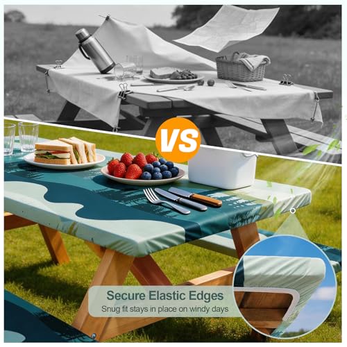 Picnic Table Cover with Bench Covers Camping Essentials Waterproof Windproof Camping Tablecloth with Drawstring Bag, Fitte...