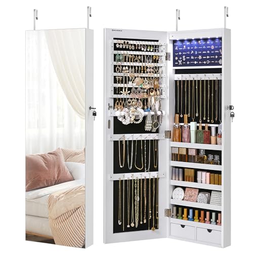 SONGMICS Hanging Jewelry Cabinet, Wall-Mounted Cabinet with LED Interior Lights, Door-Mounted Jewelry Organizer, Full-Leng...
