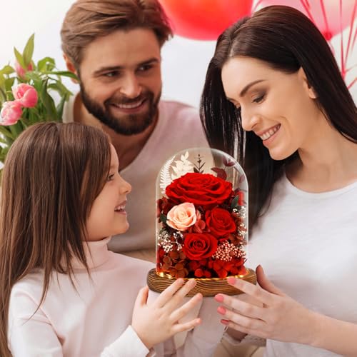 Alupssuc Forever Preserved Real Flowers for Delivery Prime, Eternal Fresh Roses in Glass Dome with LED Lights, Mothers Day...