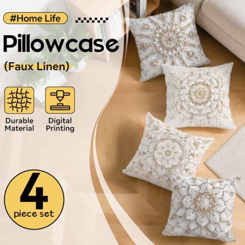 OBSEDE Golden Mandala Decorative Throw Pillow Covers 18x18 Set of 4, White and Gold Boho Cushion Case for Sofa Couch