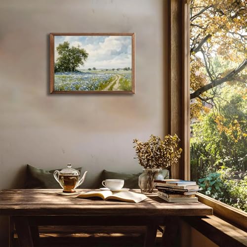 Nature Vintage Preppy Blue Wildflower Pathway Wall Art Prints Landscape Oil Painting Style Gift Posters Canvas Field Tree ...