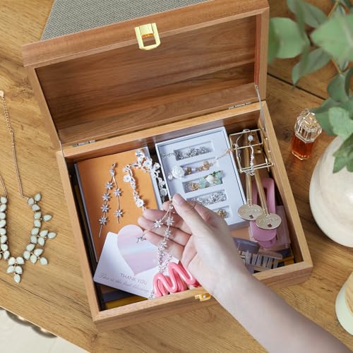 DRASTAR Wooden Keepsake Box, Large Acacia Storage Box with a Hinged Lid, Memory treasure box for Crafts and Photo Storage