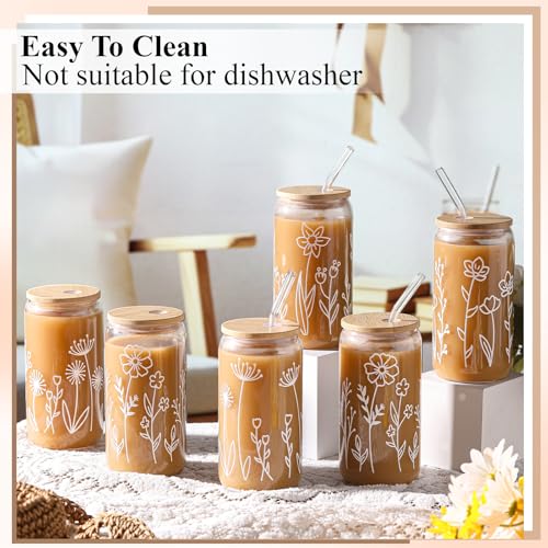 Mumufy 6 Sets Boho Floral Glass Cups with Clear Gift Bag 16 oz Reusable Flower Iced Coffee Mugs Aesthetic Cute Tumbler wit...