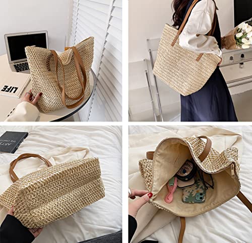 Kehpish Large Straw Shoulder Bag Summer Beach Bag for Women Straw Tote Bag Handbag With Zipper Summer Shoulder Bag