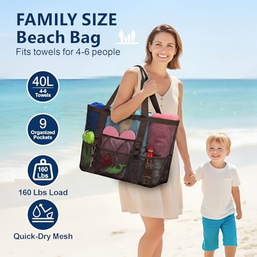 F-color Mesh Beach Bag - Large Beach Tote for Cruise Travel, Toys Pool Bags for Family Vacation Essentials