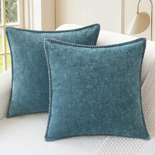 CaliTime Throw Pillow Covers Decorative 18 X 18 Inches Pack of 2 Cotton Thread Stitching Edges Solid Dyed Soft Chenille Cu...