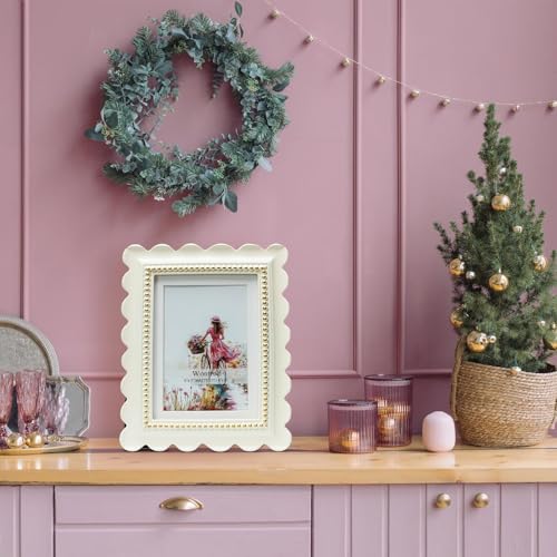Wontree Wavy 5x7 Picture Frame White with Gold Beaded Trim, Resin Frame with Real Glass, Display 5x7 Photos Matted to 4x6,...