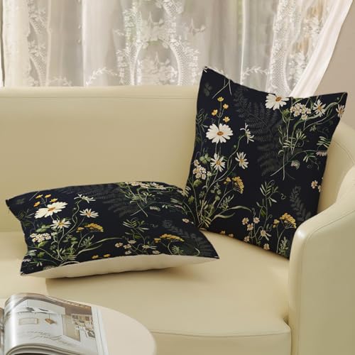GOLIANDA Black Pillow Covers 18x18 Inch Set of 2 Sage Green Spring Floral Throw Pillows Botanical Wildflower Summer Outdoo...