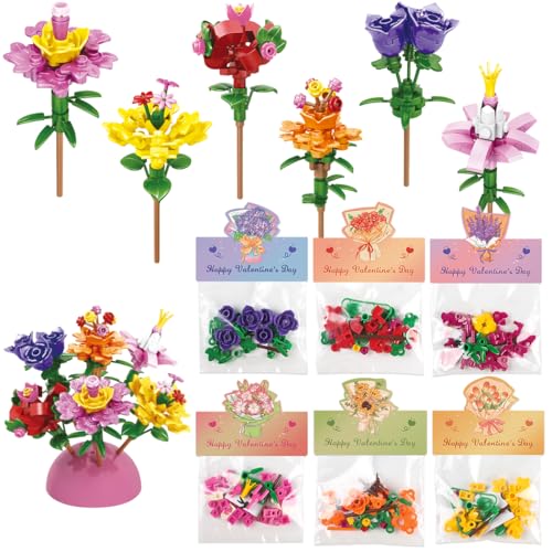 Valentines Day Gifts for Kids - 24 Pack Prepacked Valentine's Day Cards with Flower Building Blocks Crafts for School Clas...