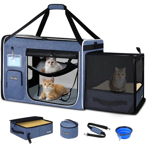 Petskd Side Expandable Extra Large Cat Carrier with Litter Box Area for Long Distance Car Travel,24"x17"x17" Collapsible S...