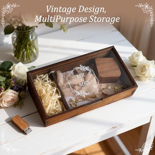 SEEBERY Mr and Mrs Wedding Keepsake Box with Lid – Personalized Wooden Memory Box for Bride and Groom, Unique Gift for Cou...