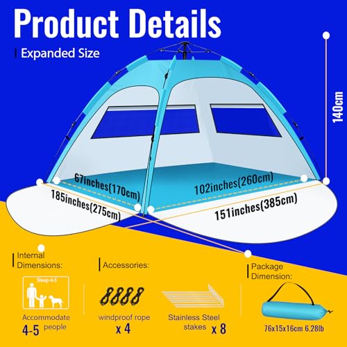 Beach Tent Sun Shelter – Pop Up Easy Setup in 3S Instant Tents for 4/5 Person Beach Umbrella Sun Shelter Shade, UV 50+ Pro...