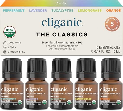 Cliganic Organic Essential Oils Set (Top 5 - The Classics) - 100% Pure Natural - Aromatherapy, Candle Making - Peppermint,...