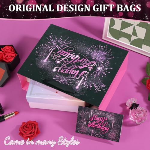 BeiLaad Pink Birthday Gift Bag with Tissue Paper and Greeting Card, 12.6“ Happy Birthday Gift Bags for Party, Fireworks De...