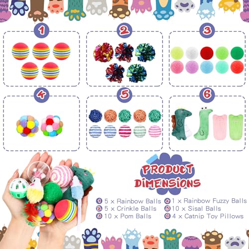 Lenwen 100 Pcs Cat Toys Set Bulk Cat Fur Mice Toys Variety Plastic Ball with Bell Furry Pompom Rattle Mouse Assorted Inter...