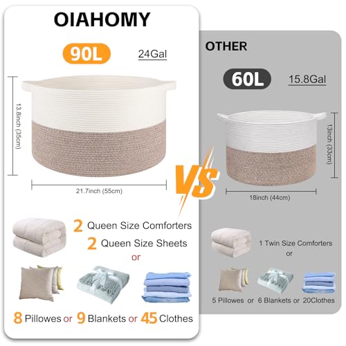 OIAHOMY 90L XXXLarge Blanket Basket for Living Room, 21.7" x 13.8" Woven Cotton Rope Laundry Basket for Organizing Pillow...