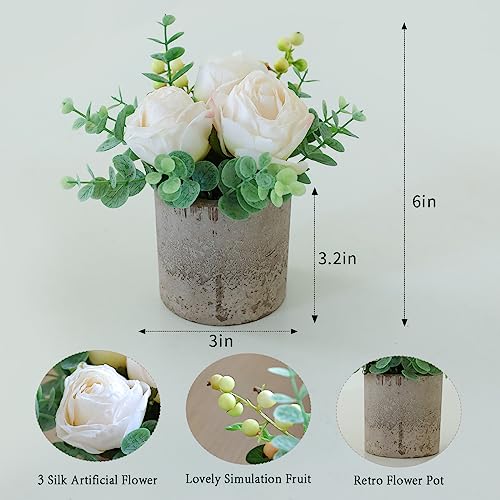 Rosscer Small Artificial Burnt White Rose Potted Plant, 6" Fake Silk Flowers in 3" Cylindrical Pot, Mini Faux Floral Arran...