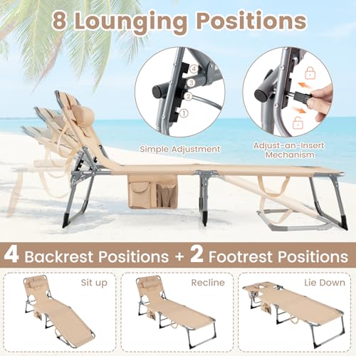 COSTWAY Tanning Chair with Face Hole, Folding Beach Lounge Chair with 4-Position Adjustable Backrest, Pillow & Side Pocke...