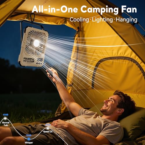 NAOIY Portable Fan, Camping Fan, 20000mAh 6-Inch 18-85H Rechargeable Ultra Thin Foldable with Built-in Power Bank, LED Lig...