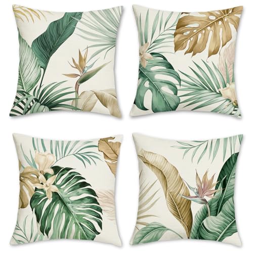 Bonhause Tropical Leaves Throw Pillow Covers 18 x 18 Inch Green Brown Leaf Decorative Pillow Cases Polyester Linen Outdoor...