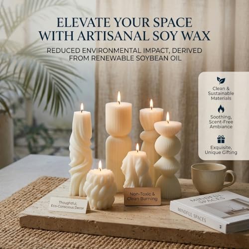 6 Pcs Small Handmade Ribbed Pillar Candle Set, Soy Wax Modern Home Decor for Living Room Bedroom, Aesthetic Table & Shelf ...