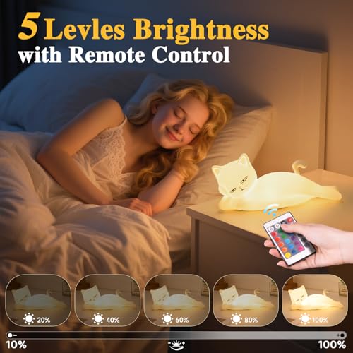 Lying Flat Cat Lamp Funny Gifts, 16 Colors+5 Dimming+Silicone Random Stuff, Touch+Remote+Recharge Night Light for Kids, Co...