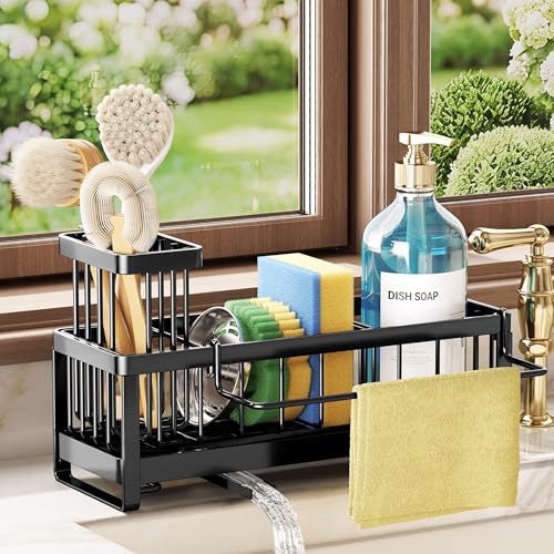 SWTYMIKI Sponge Holder for Kitchen Sink - Sink Caddy with Brush Holder Self-draining Sponge Caddy Organizer with Divider S...