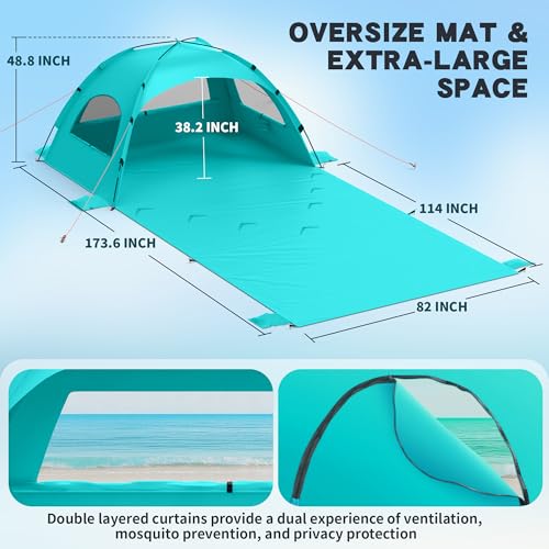 Beach Tent Sun Shelter with Extended Sand Mat 114×82inch，UPF 50+ Protection, 3 Double-Layer Windows for Enhanced Privacy; ...