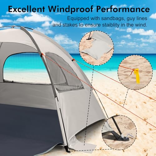 WhiteFang Beach Tent Anti-UV Portable Sun Shade Shelter for 3/4/6/8 Person, Extendable Floor with 3 Ventilating Mesh Windo...