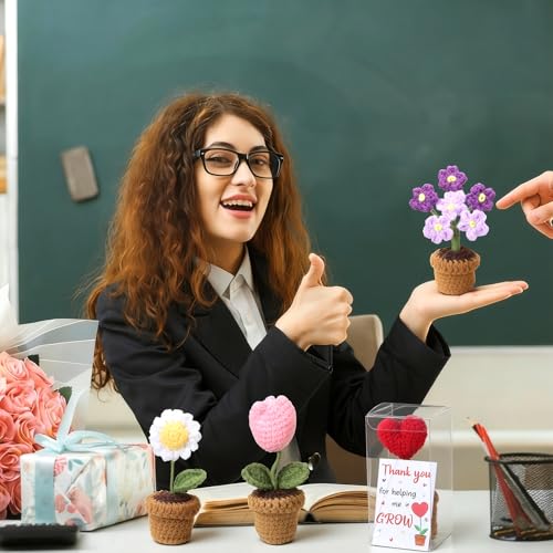 8 Set Thank You for Helping Me Grow Crochet Flower Pots Teacher Appreciation Gift Bulk Positive Handmade Crochet Flowers w...