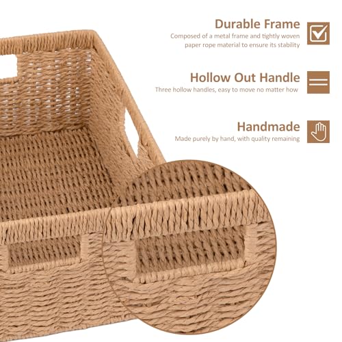 OIAHOMY Wicker Storage Basket, Rectangular Paper Rope Shelf Baskets with Built-in Handles, Woven Decorative Organizer for ...